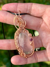 Load image into Gallery viewer, Rose quartz with rhodochrosite + ruby gem accents wire wrapped pendant necklace