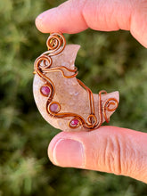 Load image into Gallery viewer, Artisan cab (positive rocks) druzy amethyst moon with ruby + amethyst gem accents wire wrapped pendant necklace