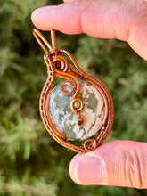 Load image into Gallery viewer, Peace jade with peridot gem accent wire wrapped pendant necklace