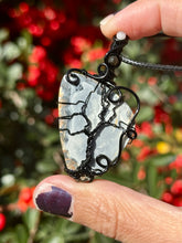 Load image into Gallery viewer, ARTISAN STONE (positive rocks) Black scenic Maligano Jasper with obsidian + moonstone gem accents tree of life wire wrapped pendant necklace