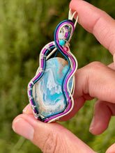 Load image into Gallery viewer, Artisan cab (positive rocks) Aurora Opal/Plume Agate with moonstone, turquoise, raspberry jade gem accents wire wrapped pendant necklace