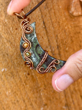 Load image into Gallery viewer, Kambaba jasper moon with tigers eye + peridot gem accents wire wrapped pendant necklace