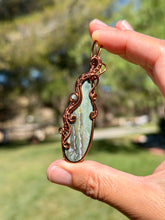Load image into Gallery viewer, Artisan cab (positive rocks) Indian agate with blue kyanite gem accent wire wrapped pendant necklace