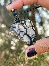 Load image into Gallery viewer, ARTISAN STONE (positive rocks) Black scenic Maligano Jasper with obsidian + moonstone gem accents tree of life wire wrapped pendant necklace