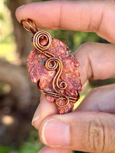Load image into Gallery viewer, Leopard skin jasper leaf with carnelian gem accent wire wrapped pendant necklace