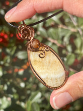 Load image into Gallery viewer, Yellow/orange calcite with amber gem accent wire wrapped pendant necklace