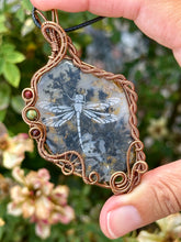 Load image into Gallery viewer, RESERVED FOR CHERI F Dendritic agate (etching by Marina Rabinskaya) with turquoise and garnet gem inclusions wire wrapped pendant talisman necklace