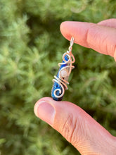 Load image into Gallery viewer, Titanium aura quartz + moonstone gem accent mini wire wrapped pendant necklace