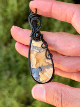 Load image into Gallery viewer, Artisan cab (positive rocks) yellow maligano jasper with onyx gem accent wire wrapped pendant necklace