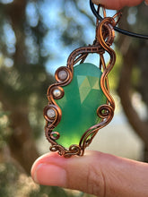 Load image into Gallery viewer, Faceted green onyx with moonstone + pearl gem accents wire wrapped pendant necklace