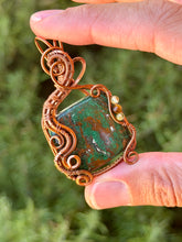 Load image into Gallery viewer, Artisan cab (johari gems) green chrysocolla with peridot + tiger eye wire wrapped pendant necklace