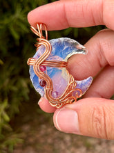 Load image into Gallery viewer, Opalite moon with raspberry jade, garnet, amethyst gem accents wire wrapped pendant necklace