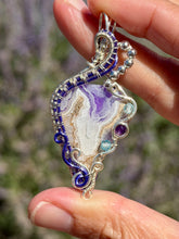 Load image into Gallery viewer, Artisan cab (positive rock) purple aurora opal plume agate doublet with amethyst, blue topaz gem accents wire wrapped pendant necklace