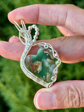 Load image into Gallery viewer, Chrysoprase with rhodochrosite + peridot gem accents wire wrapped pendant necklace