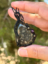 Load image into Gallery viewer, Artisan cab (johari gems) marcasite with pyrite + amethyst gem accent wire wrapped pendant necklace