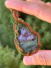 Load image into Gallery viewer, Artisan cab (positive rocks) Indian agate with prehnite with zoisite gem accent wire wrapped pendant necklace