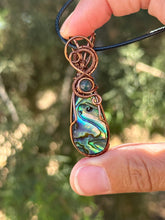 Load image into Gallery viewer, Abalone with moss agate gem accent wire wrapped pendant necklace
