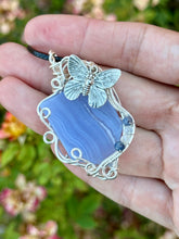 Load image into Gallery viewer, Reserved for Denise a Blue Lace Agate with Gem inclusions Wire wrapped pendent necklace