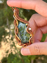 Load image into Gallery viewer, Artisan cab (johari gems) green jade + green turquoise + moonstone gem accent wire wrapped pendant necklace