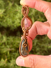 Load image into Gallery viewer, Rhodochrosite + labradorite double decker wire wrapped pendant necklace