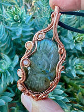 Load image into Gallery viewer, Reserved for Mariela Carved Labradorite Evil eye with Gem inclusions Wire Wrapped Pendent Necklace