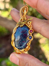 Load image into Gallery viewer, Ruby in kyanite with sapphire + Ruby gem accent wire wrapped pendant necklace