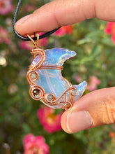 Load image into Gallery viewer, Opalite moon with blue kyanite + obsidian gem accents wire wrapped pendant necklace