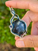 Load image into Gallery viewer, Que sera stone with lapis lazuli gem accents wire wrapped pendant necklace