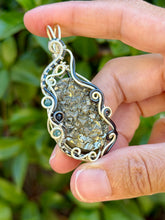 Load image into Gallery viewer, Pyrite druzy with blue apatite + sapphire gem accents wire wrapped pendant necklace