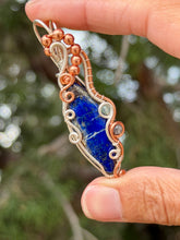 Load image into Gallery viewer, Lapis lazuli with blue kyanite + rutile quartz gem accent wire wrapped pendant necklace