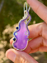 Load image into Gallery viewer, Purple onyx (dyed) with lapis lazuli + aquamarine gem accents wire wrapped pendant necklace