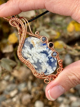 Load image into Gallery viewer, Reserved for Ashlee b DESIGNER CAB Sky plume agate with lapis lazuli + sugilite inclusions Wire wrapped pendant