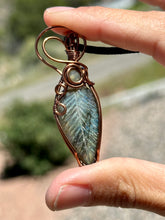 Load image into Gallery viewer, RESERVED FOR KIVA B - CHAIN UPGRADE Labradorite Carved Leaf Wire Wrapped Pendent Necklace