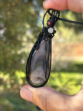 Load image into Gallery viewer, Montana agate with labradorite + garnet gem accents wire wrapped pendant necklace