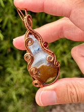 Load image into Gallery viewer, Red Indonesian moss agate with raspberry jade gem accent wire wrapped pendant