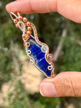 Load image into Gallery viewer, Lapis lazuli with blue kyanite + rutile quartz gem accent wire wrapped pendant necklace