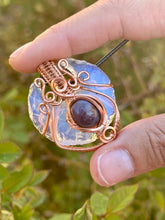 Load image into Gallery viewer, Opalite moon with star sapphire gem accent wire wrapped pendant necklace