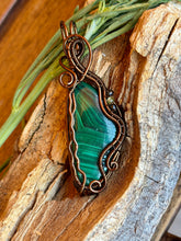 Load image into Gallery viewer, Artisan cab (johari gems) Malachite with obsidian + prehnite gem accents wire wrapped pendant necklace