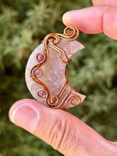Load image into Gallery viewer, Artisan cab (positive rocks) druzy amethyst moon with ruby + amethyst gem accents wire wrapped pendant necklace