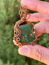 Load image into Gallery viewer, Artisan cab (johari gems) green chrysocolla with peridot + tiger eye wire wrapped pendant necklace