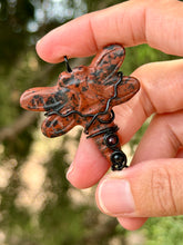Load image into Gallery viewer, Mahogany obsidian dragonfly with garnet + onyx gem accents wire wrapped pendant necklace
