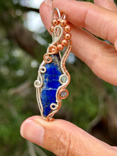 Load image into Gallery viewer, Lapis lazuli with blue kyanite + rutile quartz gem accent wire wrapped pendant necklace