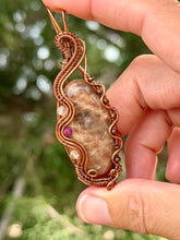 Load image into Gallery viewer, Belomorite Sunstone with citrine and ruby gem accents wire wrapped pendant necklace