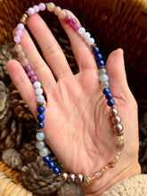 Load image into Gallery viewer, 16” beaded stretchy necklace with super 7, lapis lazuli, lepidolite, aquamarine, pink kunzite
