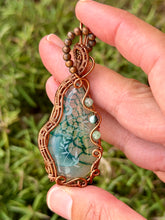 Load image into Gallery viewer, Artisan cab (marina rabinskaya) green dragon vein (mushie etched) agate with green aventurine + tree agate gem accents wire wrapped pendant necklace