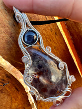 Load image into Gallery viewer, Reserved for robin p Iolite with Star Sapphire + Moonstone Gem Inclusions Wire Wrapped Pendent Necklacee