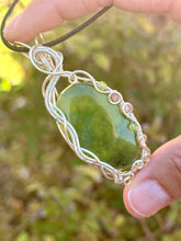 Load image into Gallery viewer, Serpentine with peridot + rhodochrosite gem accents wire wrapped pendant necklace