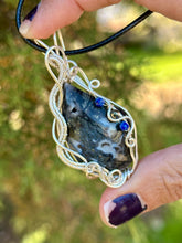 Load image into Gallery viewer, ARTISAN CAB (flintstone cabs) Marcasite in black agate with lapis lazuli + pyrite gem accents wire wrapped pendant necklace