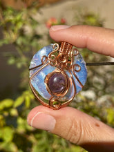 Load image into Gallery viewer, Opalite moon with star sapphire gem accent wire wrapped pendant necklace