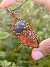 Load image into Gallery viewer, Iolite + sunstone double decker wire wrapped pendant necklace